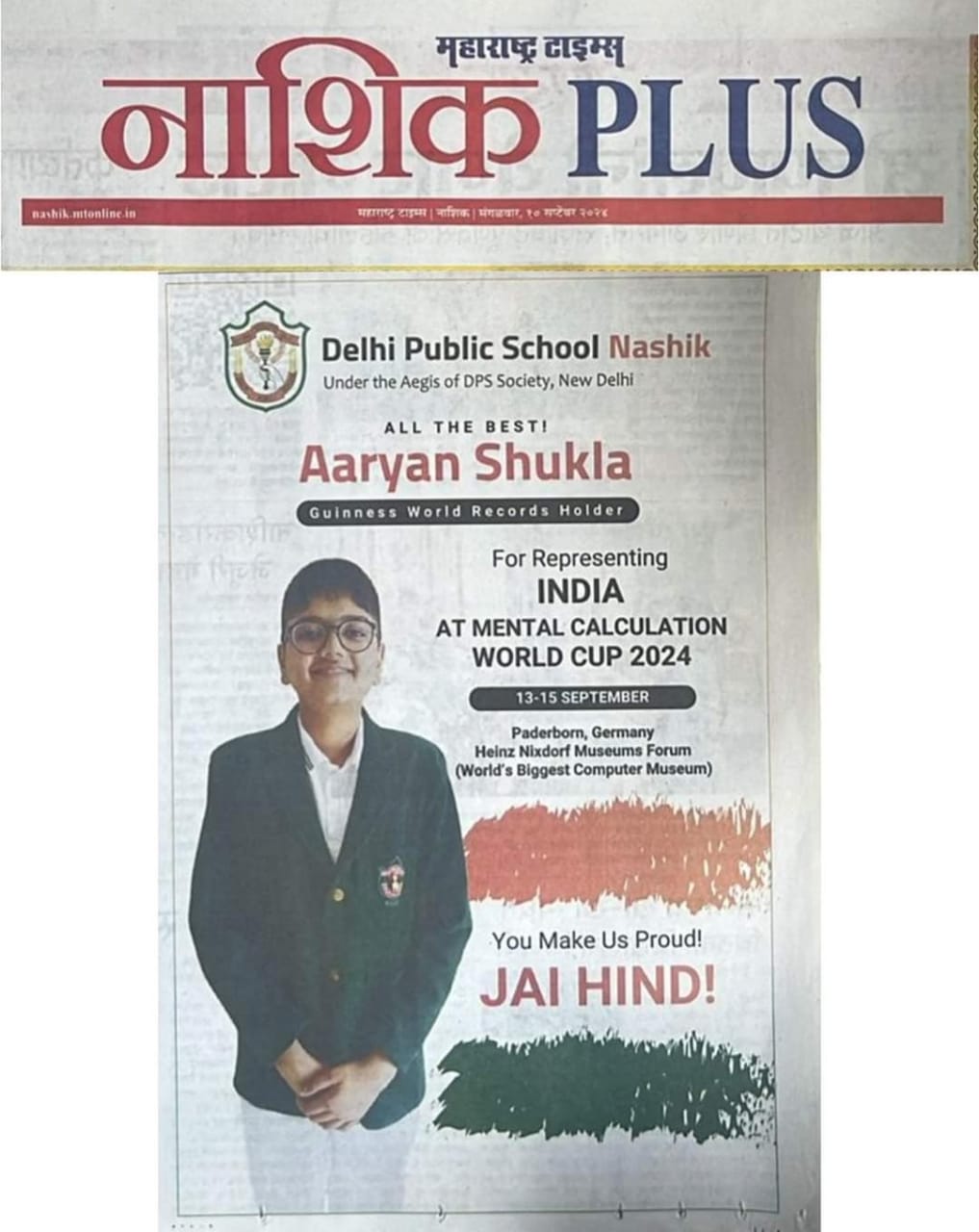 All the Best : Aryan Shukla for Representing INDIA at MENTAL CALCULATION WORLD CUP 2024