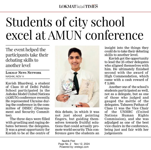 Participation of Kavish Bhardwaj (Class 10) in Ashoka Model United Nations Conference