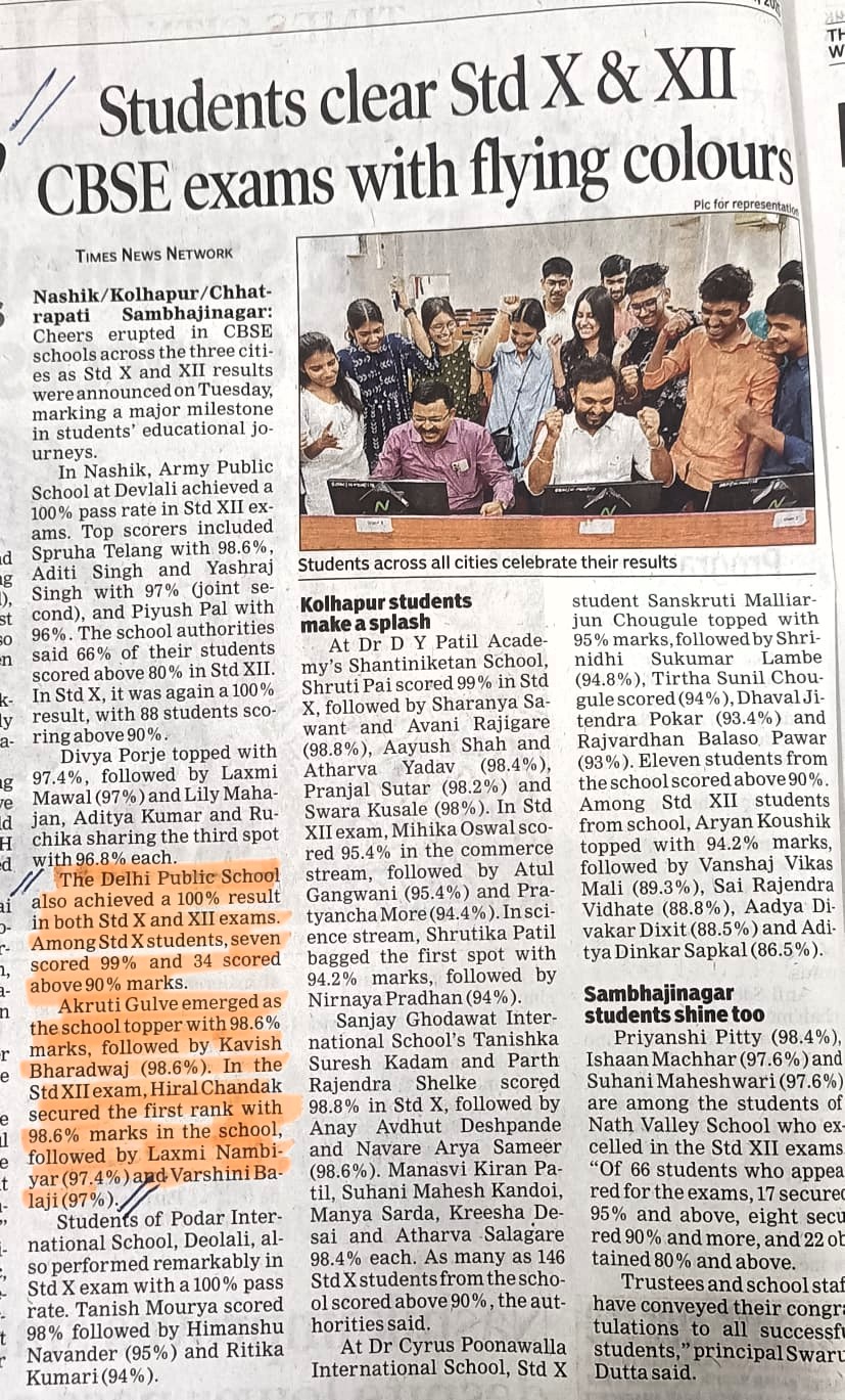 DPS Nashik Shines with 100% Pass Rate in CBSE Exams